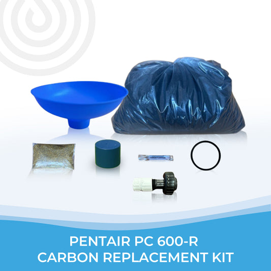 The image shows the components of the Pentair Pelican PC600-R Carbon Replacement Media Kit, including a blue funnel, a carbon media bag, and various small parts like filters and o-rings.