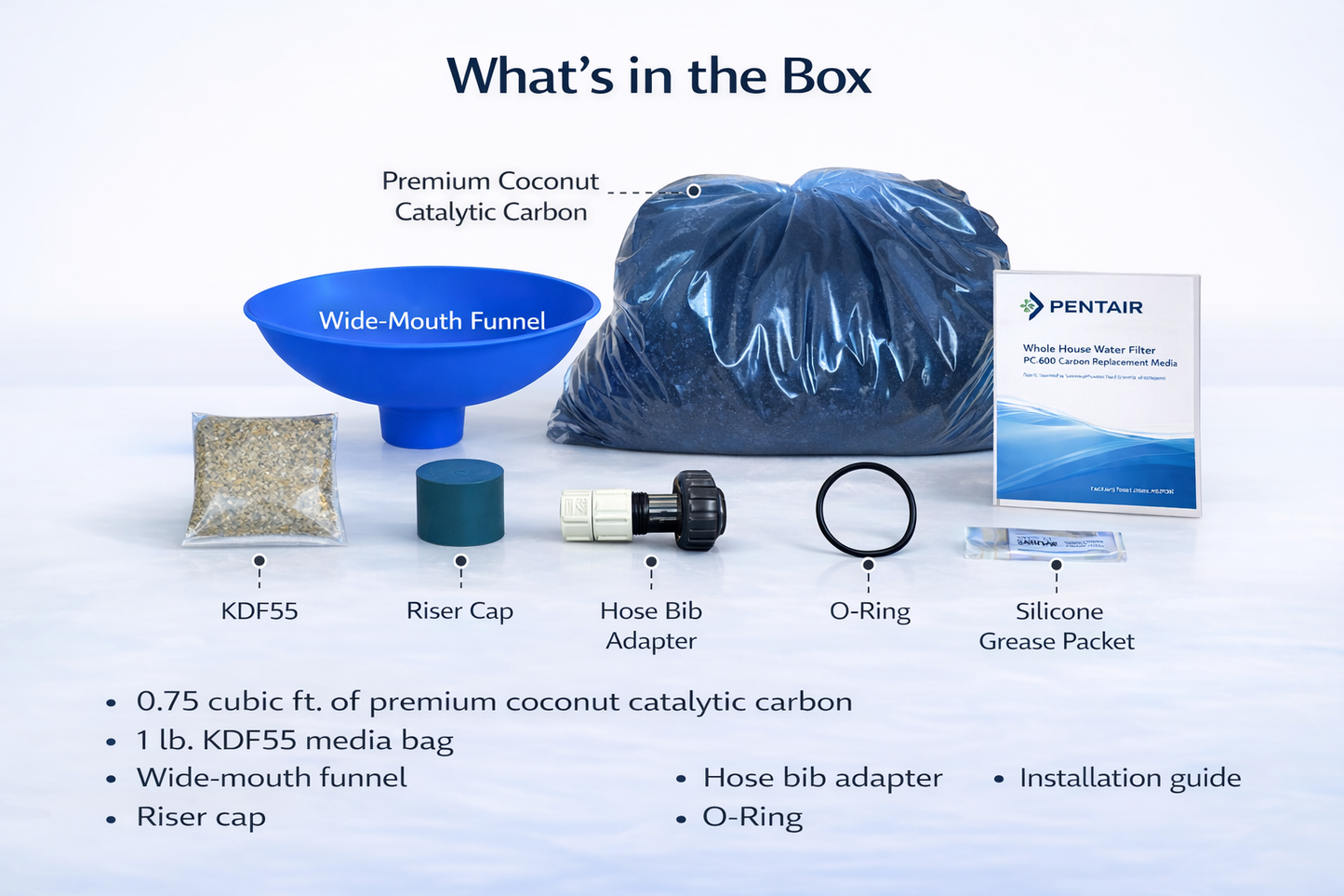 What’s included in the Pelican PC600 carbon replacement kit, including coconut shell carbon media, KDF55, riser cap, wide-mouth funnel, O-ring, silicone grease, hose bib adapter, and Pentair installation guide